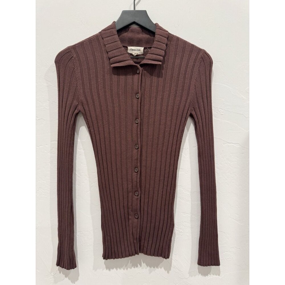 Open Edit Ribbed Button-Up Cardigan Chocolate Brown Size XXS - Picture 2 of 10
